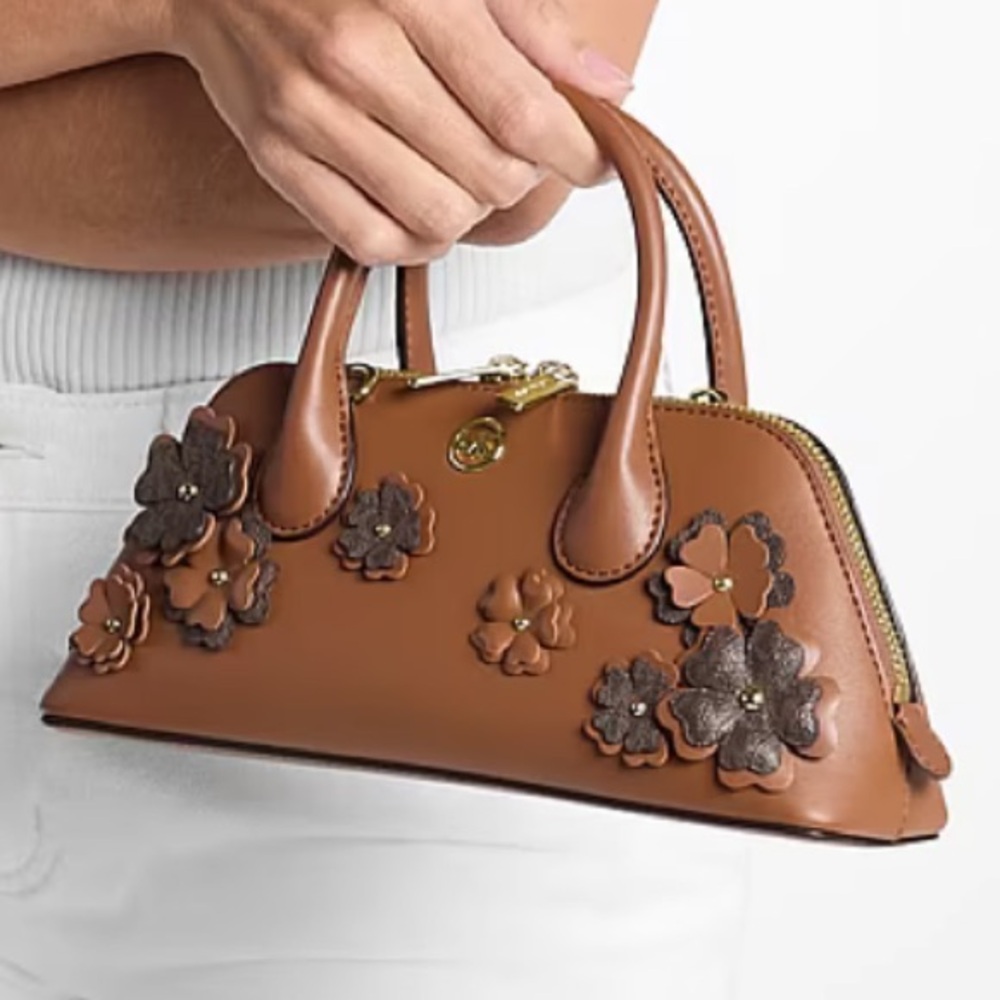 Michael Kors Tan Brown Floral-Applique Leather Satchel Crossbody